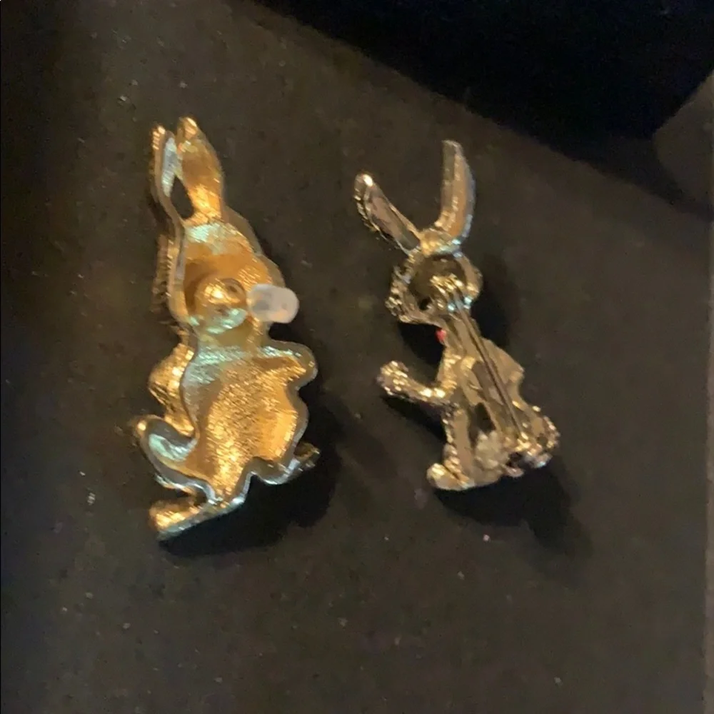 Two Gold Tone Bunny Pins One w/green eyes/blue eye